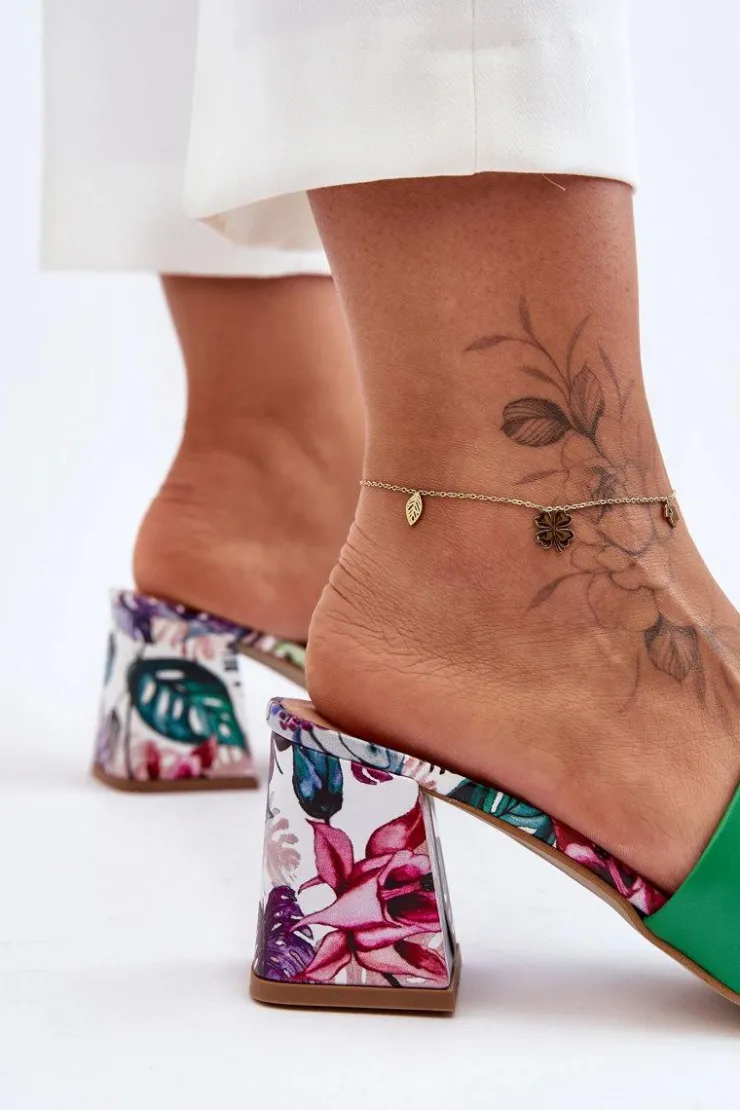 Sale Boto Damskie Skórzane Klapki Na Obcasie Lewski Shoes 3209/K Zielone