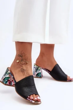 Damskie Boto Damskie Skórzane Klapki Na Obcasie Lewski Shoes 3209/K Czarne