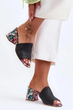 Damskie Boto Damskie Skórzane Klapki Na Obcasie Lewski Shoes 3209/K Czarne