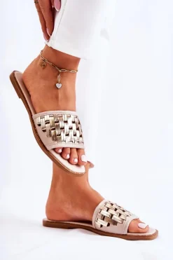 Damskie buty S.Barski Klapki Damskie Klasyczne*Damskie Skórzane Klapki Na Płaskim Obcasie Beżowe Hollis