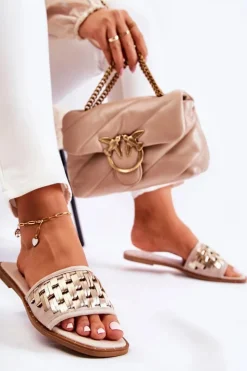 Damskie buty S.Barski Klapki Damskie Klasyczne*Damskie Skórzane Klapki Na Płaskim Obcasie Beżowe Hollis