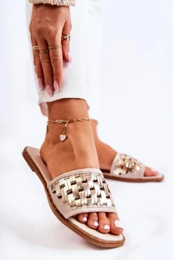 Damskie buty S.Barski Klapki Damskie Klasyczne*Damskie Skórzane Klapki Na Płaskim Obcasie Beżowe Hollis