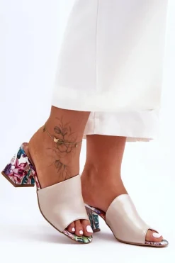 Damskie Boto Damskie Skórzane Klapki Na Obcasie Lewski Shoes 3209/K Perłowe Beżowe