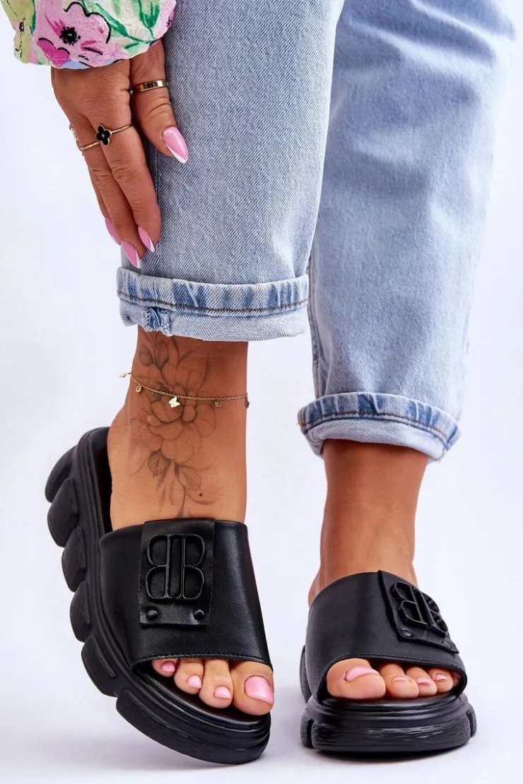 Damskie Buty damskie Vinceza Damskie Skórzane Klapki Na Platformie Z Ozdobą Czarne Monroe