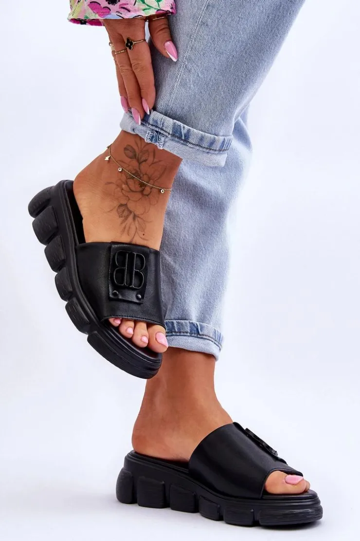 Damskie Buty damskie Vinceza Damskie Skórzane Klapki Na Platformie Z Ozdobą Czarne Monroe