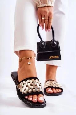 Damskie buty S.Barski Klapki Damskie Klasyczne*Damskie Skórzane Klapki Na Płaskim Obcasie Czarne Hollis