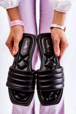 Hot Boto Damskie Skórzane Klapki Z Pikowaniem Czarne Raula