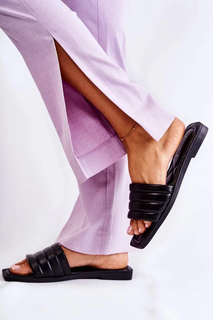 Hot Boto Damskie Skórzane Klapki Z Pikowaniem Czarne Raula