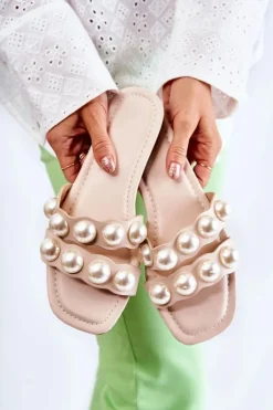 Hot Boto Damskie Skórzane Klapki Z Ozdobnymi Perełkami Beżowe Lasello