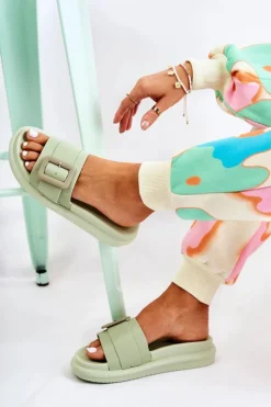 Damskie Boto Damskie Skórzane Klapki Z Klamrą Zielone Devia