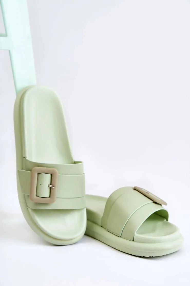 Damskie Boto Damskie Skórzane Klapki Z Klamrą Zielone Devia