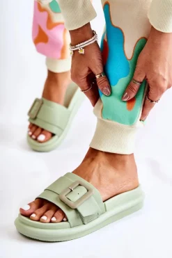 Damskie Boto Damskie Skórzane Klapki Z Klamrą Zielone Devia