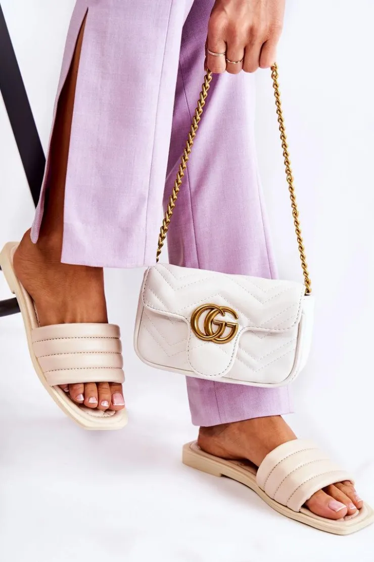 Online Boto Damskie Skórzane Klapki Z Pikowaniem Beżowe Raula