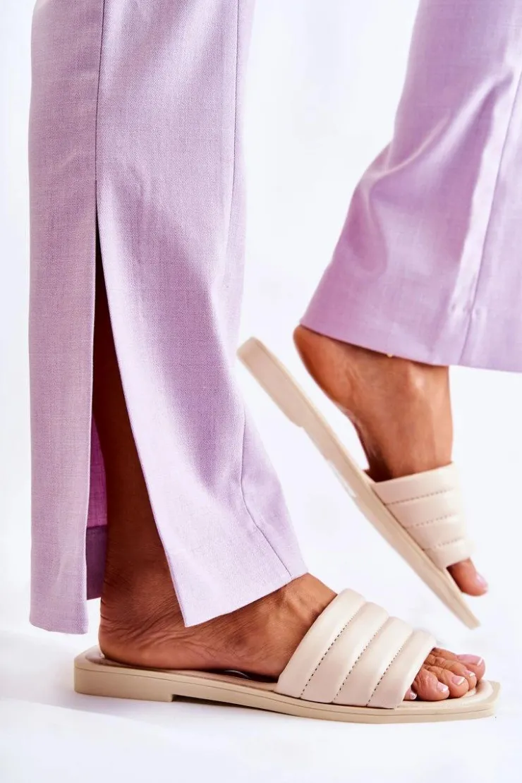 Online Boto Damskie Skórzane Klapki Z Pikowaniem Beżowe Raula