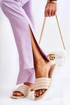 Online Boto Damskie Skórzane Klapki Z Pikowaniem Beżowe Raula