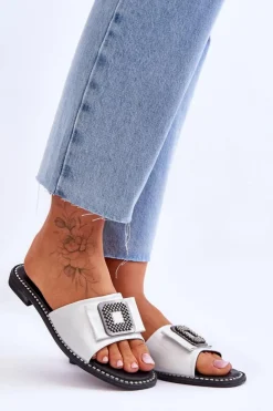 Damskie buty S.Barski Damskie Skórzane Klapki Z Dżetami S.Barski KV-2775-33 Srebrne