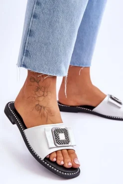 Damskie buty S.Barski Damskie Skórzane Klapki Z Dżetami S.Barski KV-2775-33 Srebrne