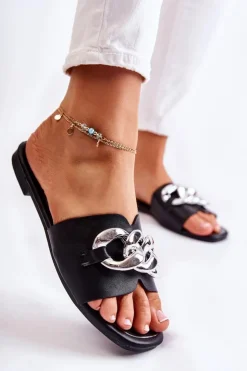 Damskie Boto Damskie Skórzane Klapki Z Ozdobnym Łańcuchem Czarne Maraia