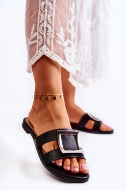 Clearance Boto Damskie Skórzane Klapki Z Ozdobą Czarne Roysa