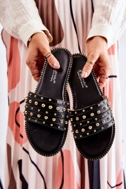 Discount Damskie buty S.Barski Damskie Skórzane Klapki Z Ozdobą Czarne Brien Czarny