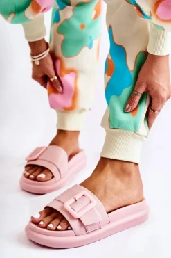 Outlet Boto Damskie Skórzane Klapki Z Klamrą Różowe Devia