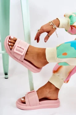 Outlet Boto Damskie Skórzane Klapki Z Klamrą Różowe Devia