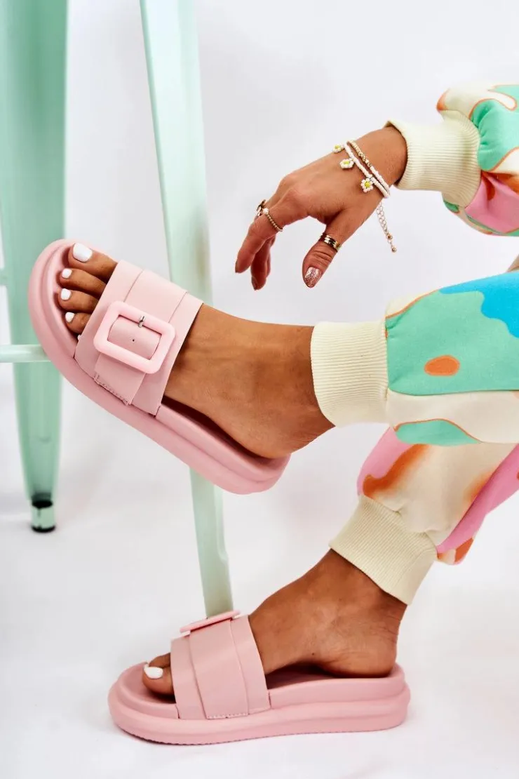 Outlet Boto Damskie Skórzane Klapki Z Klamrą Różowe Devia