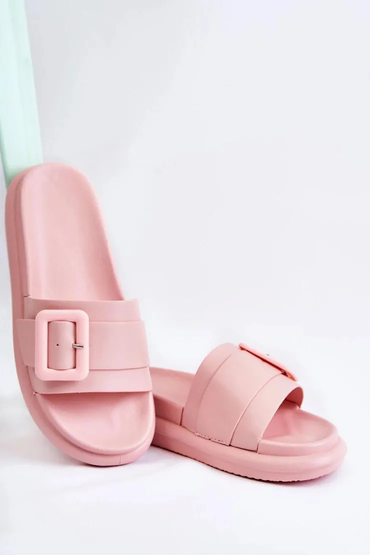 Outlet Boto Damskie Skórzane Klapki Z Klamrą Różowe Devia