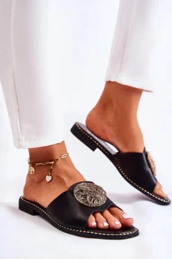 Damskie buty S.Barski Klapki Damskie Klasyczne*Damskie Skórzane Klapki Z Ozdobą Czarne Colene