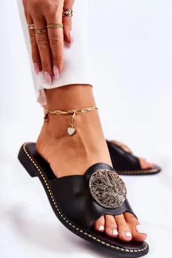 Damskie buty S.Barski Klapki Damskie Klasyczne*Damskie Skórzane Klapki Z Ozdobą Czarne Colene