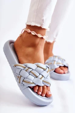 Damskie Boto Damskie Skórzane Klapki Z Łańcuszkiem Niebieskie Soline