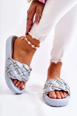 Damskie Boto Damskie Skórzane Klapki Z Łańcuszkiem Niebieskie Soline