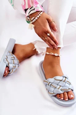 Damskie Boto Damskie Skórzane Klapki Z Łańcuszkiem Niebieskie Soline