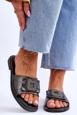 Damskie Damskie buty S.Barski Damskie Skórzane Klapki Z Dżetami S.Barski KV-2775-33 Ciemnosrebrne