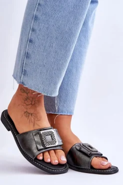 Damskie Damskie buty S.Barski Damskie Skórzane Klapki Z Dżetami S.Barski KV-2775-33 Ciemnosrebrne