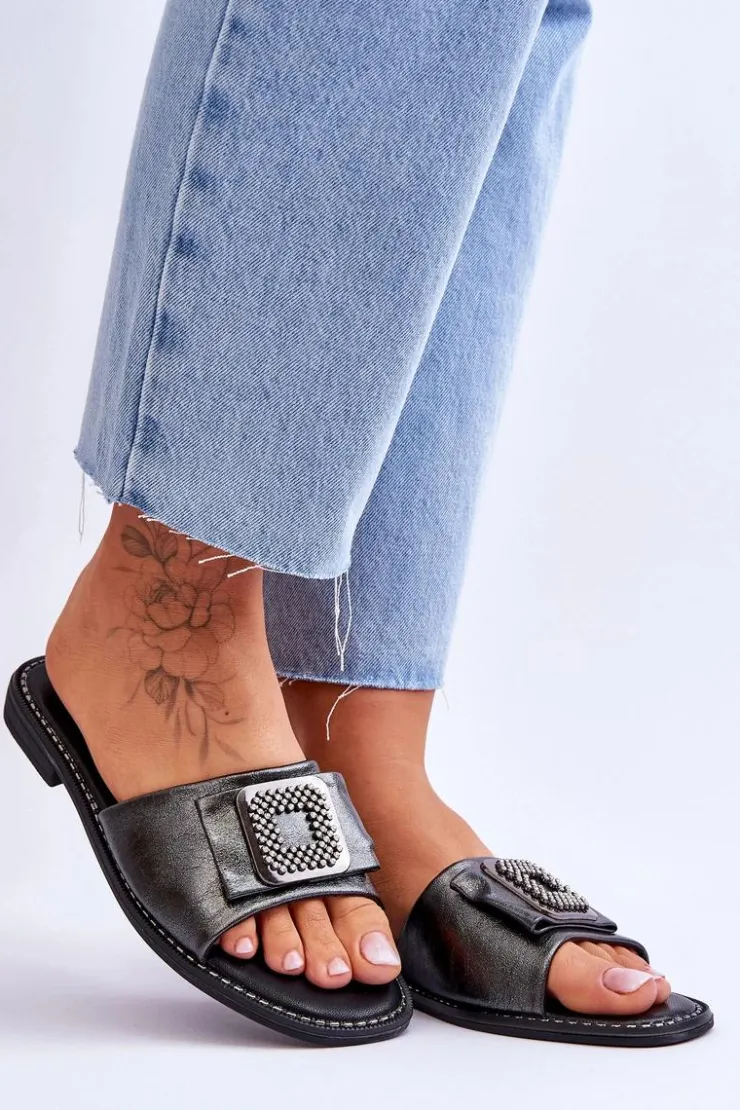 Damskie Damskie buty S.Barski Damskie Skórzane Klapki Z Dżetami S.Barski KV-2775-33 Ciemnosrebrne