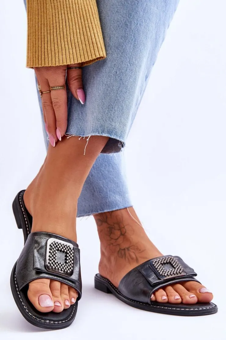 Damskie Damskie buty S.Barski Damskie Skórzane Klapki Z Dżetami S.Barski KV-2775-33 Ciemnosrebrne