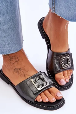 Damskie Damskie buty S.Barski Damskie Skórzane Klapki Z Dżetami S.Barski KV-2775-33 Ciemnosrebrne