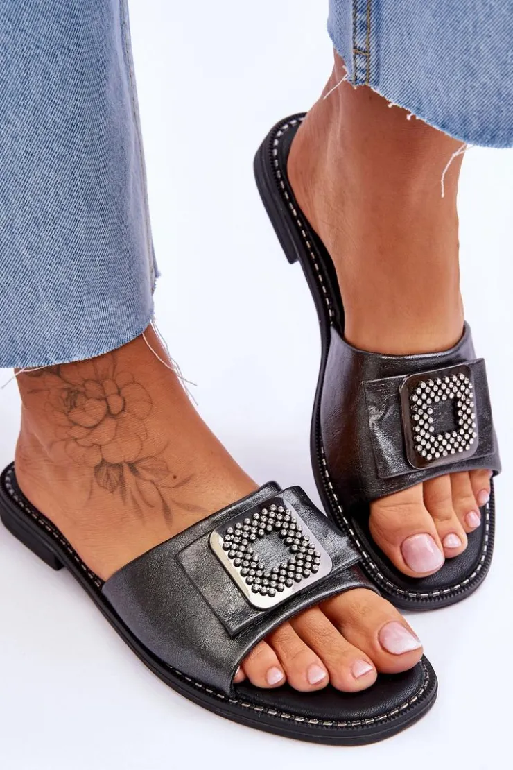 Damskie Damskie buty S.Barski Damskie Skórzane Klapki Z Dżetami S.Barski KV-2775-33 Ciemnosrebrne