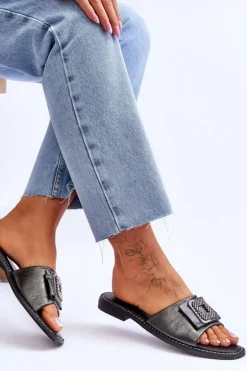 Damskie Damskie buty S.Barski Damskie Skórzane Klapki Z Dżetami S.Barski KV-2775-33 Ciemnosrebrne