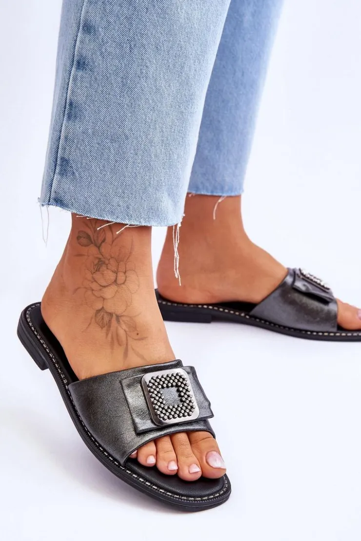 Damskie Damskie buty S.Barski Damskie Skórzane Klapki Z Dżetami S.Barski KV-2775-33 Ciemnosrebrne