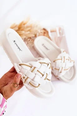 Boto Klapki Damskie Klasyczne*Damskie Skórzane Klapki Z Łańcuszkiem Białe Soline