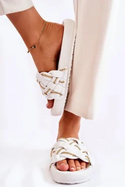 Boto Klapki Damskie Klasyczne*Damskie Skórzane Klapki Z Łańcuszkiem Białe Soline