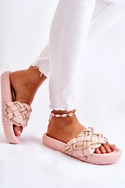 Online Boto Damskie Skórzane Klapki Z Łańcuszkiem Różowe Soline