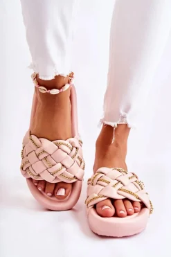 Online Boto Damskie Skórzane Klapki Z Łańcuszkiem Różowe Soline