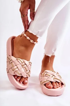 Online Boto Damskie Skórzane Klapki Z Łańcuszkiem Różowe Soline