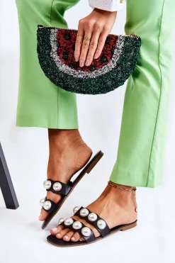 Damskie Boto Damskie Skórzane Klapki Z Ozdobnymi Perełkami Czarne Lasello