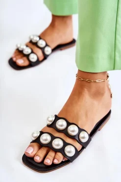 Damskie Boto Damskie Skórzane Klapki Z Ozdobnymi Perełkami Czarne Lasello