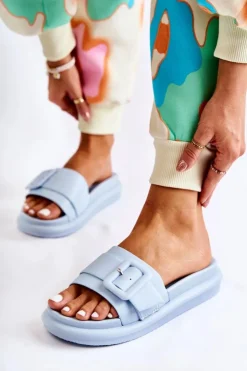 Boto Klapki Damskie Klasyczne*Damskie Skórzane Klapki Z Klamrą Niebieskie Devia