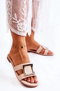 Damskie Boto Damskie Skórzane Klapki Z Ozdobą Nude Roysa